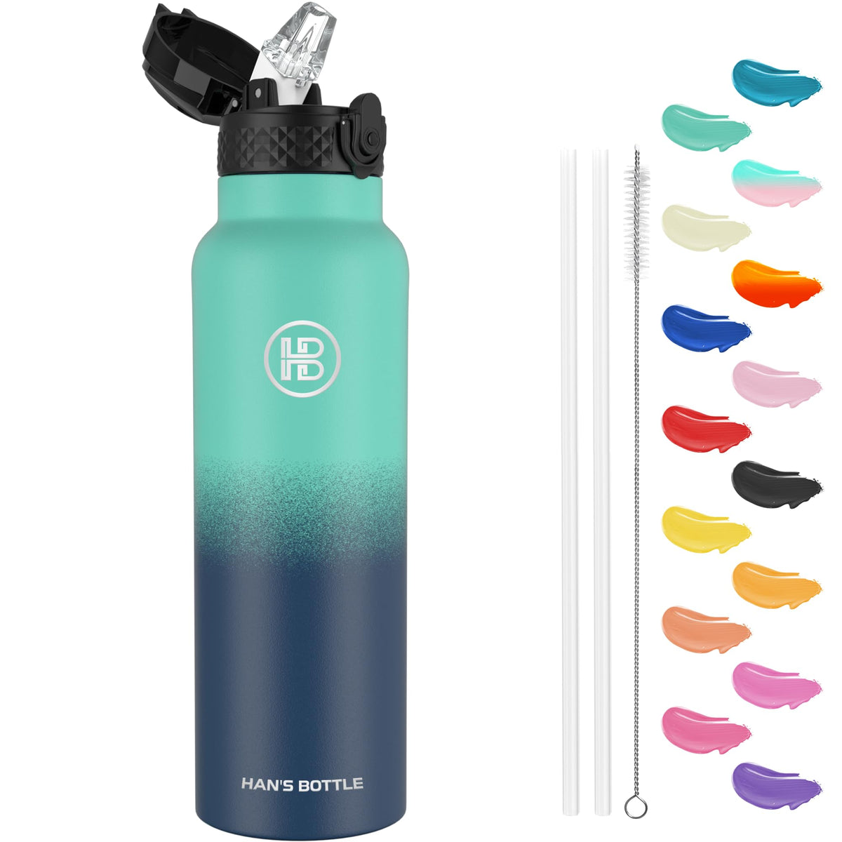Han's Bottle Sports Water Bottle - 24 Oz, Straw Lid, Leak Proof, Vacuum Insulated Stainless Steel, Double Walled, Thermo Mug,Black