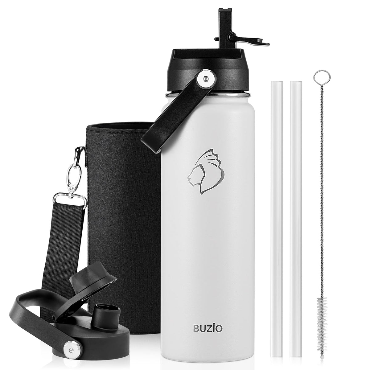 BUZIO 64 oz Insulated Stainless Steel Water Bottle with Dust-proof Lids