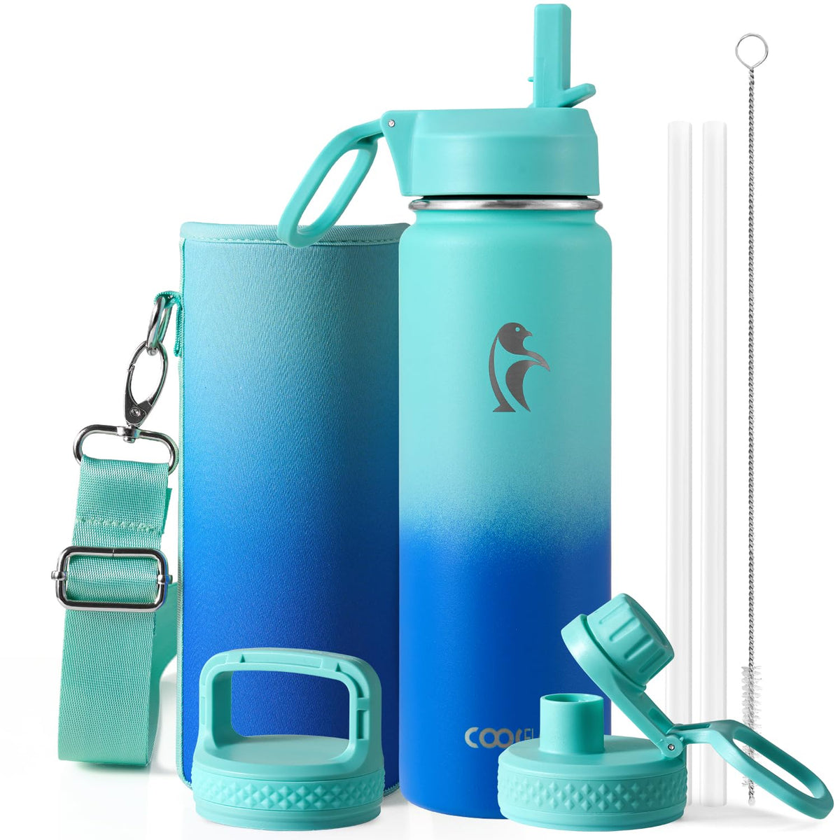 Coolflask Half Gallon Water Bottle Insulated with Straw & 3 Leakproof Lids