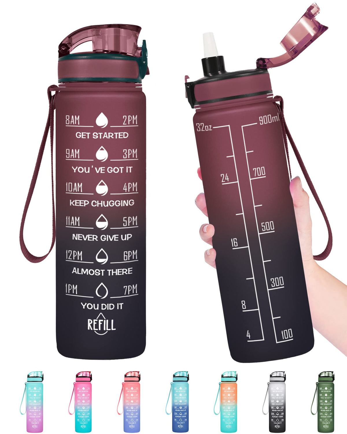 Enerbone Water Bottle, Leakproof BPA & Toxic Free, Motivational Water Bottle with Times to Drink and Straw, Fitness Sports Water Bottle with Strap for Office, Gym, Outdoor Sports