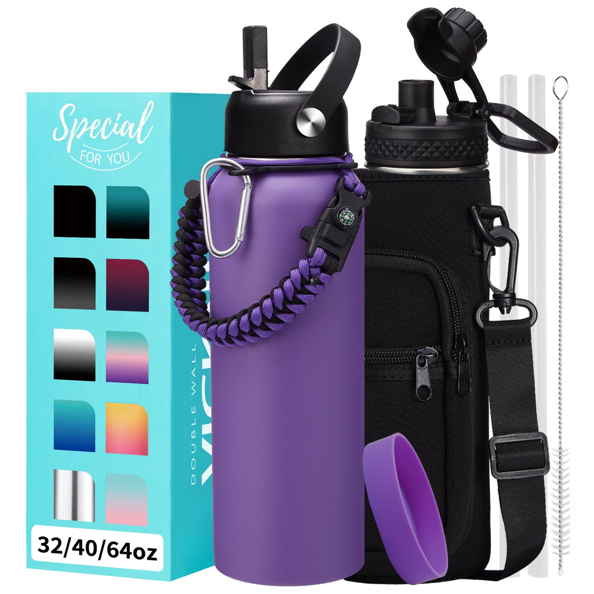 32/40/64OZ Insulated Water Bottle - Keep Cold 48H Hot 24H, Combo Straw/Spout Lids, Paracord Handle for Gym/Hiking, Carrier Bag +Strap, Cup Mat, BPA-Free Stainless Steel Flask Jug