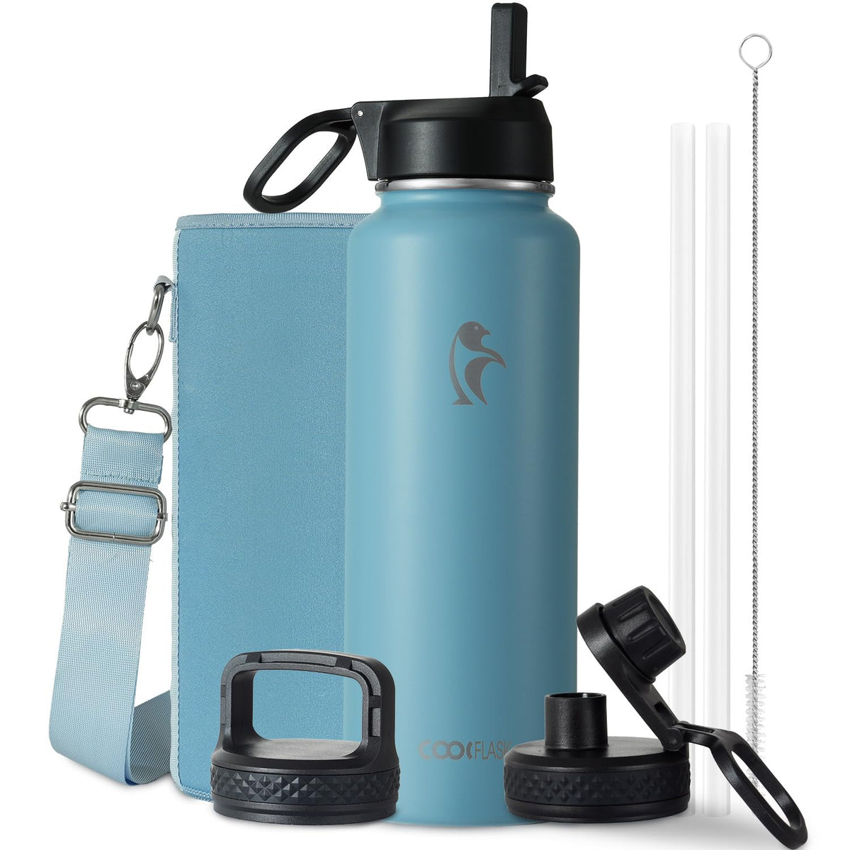 Coolflask 40 oz Water Bottle Insulated with Straw & 3 Leakproof Lids