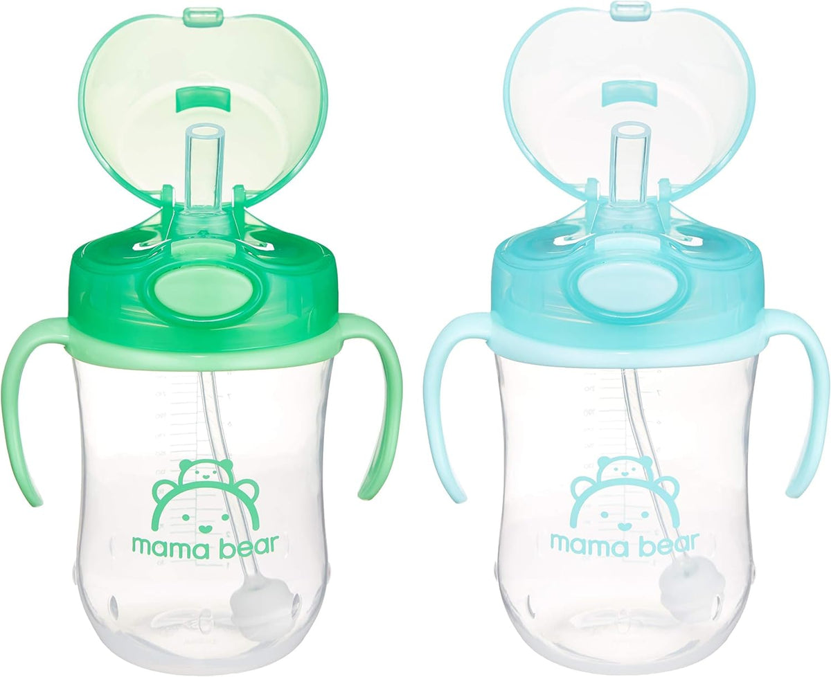 Amazon Basics Spill Proof Dishwasher Safe Silicone Weighted Straw Sippy Cup with Removable Handles, BPA Free, 9 Ounces, Blue/Green, Pack of 2 (Previously Mama Bear)