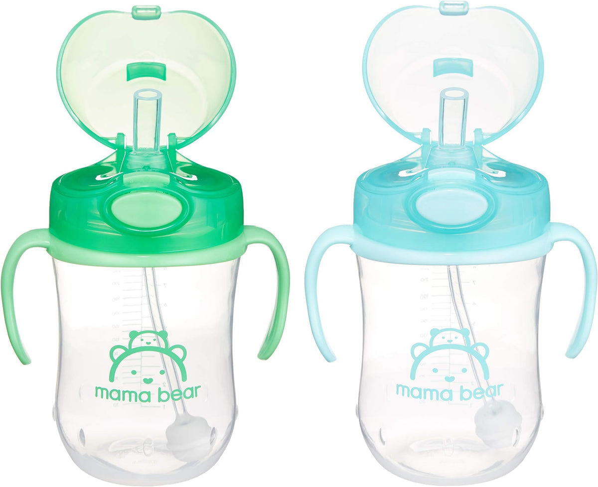 Amazon Basics Spill Proof Dishwasher Safe Silicone Weighted Straw Sippy Cup with Removable Handles, BPA Free, 9 Ounces, Blue/Green, Pack of 2 (Previously Mama Bear)