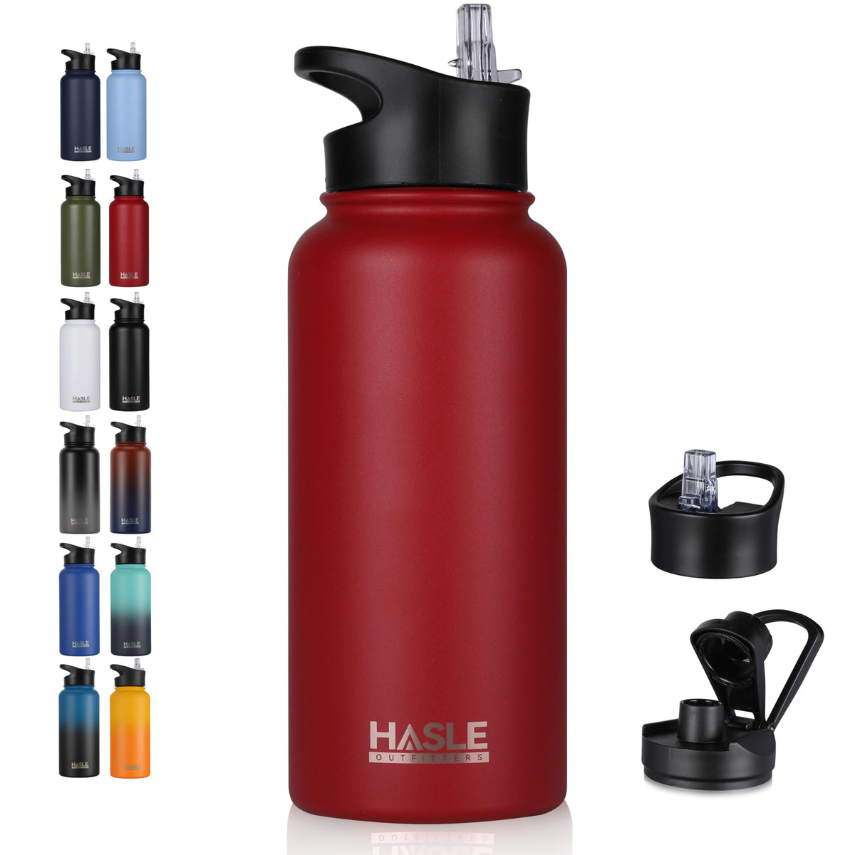HASLE OUTFITTERS 32 oz Insulated Water Bottle Stainless Steel Double Walled Vacuum Sports Water Bottle with 2 Lids (Straw and Spout Lid) for Gym Camping Hiking(Black,1)