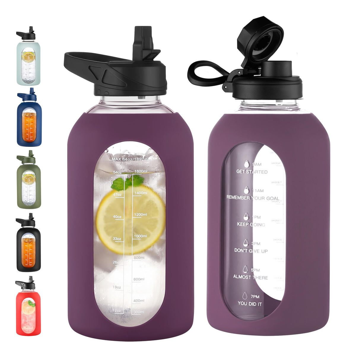 CIVAGO 64 oz Glass Water Bottle with Straw, Half Gallon Large Water Jug
