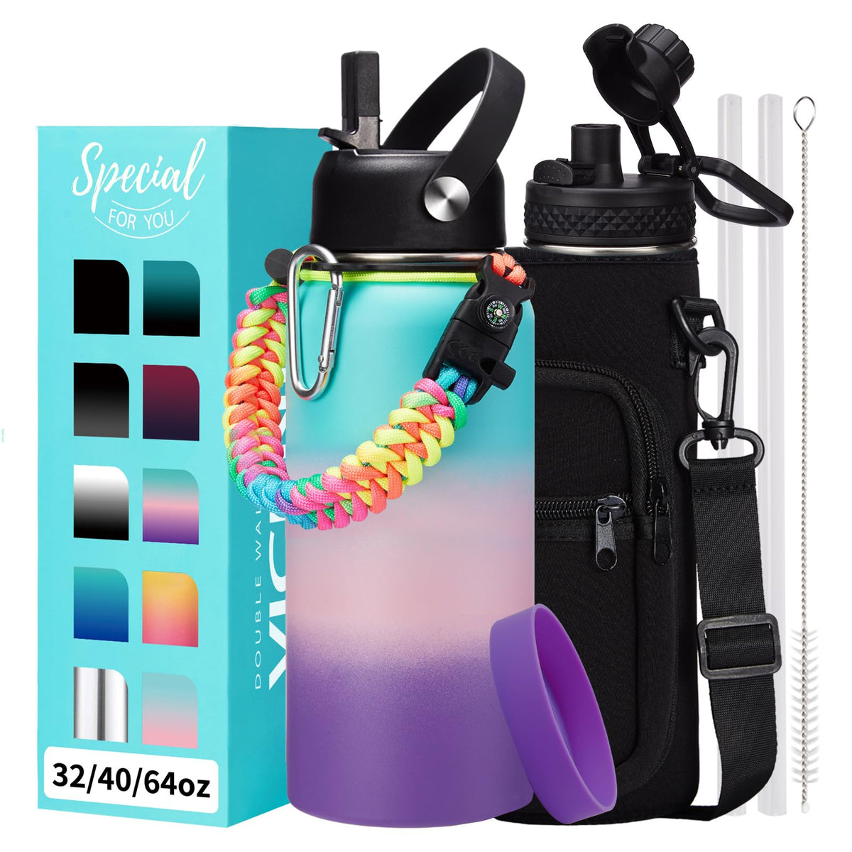 32/40/64OZ Insulated Water Bottle - Keep Cold 48H Hot 24H, Combo Straw/Spout Lids, Paracord Handle for Gym/Hiking, Carrier Bag +Strap, Cup Mat, BPA-Free Stainless Steel Flask Jug