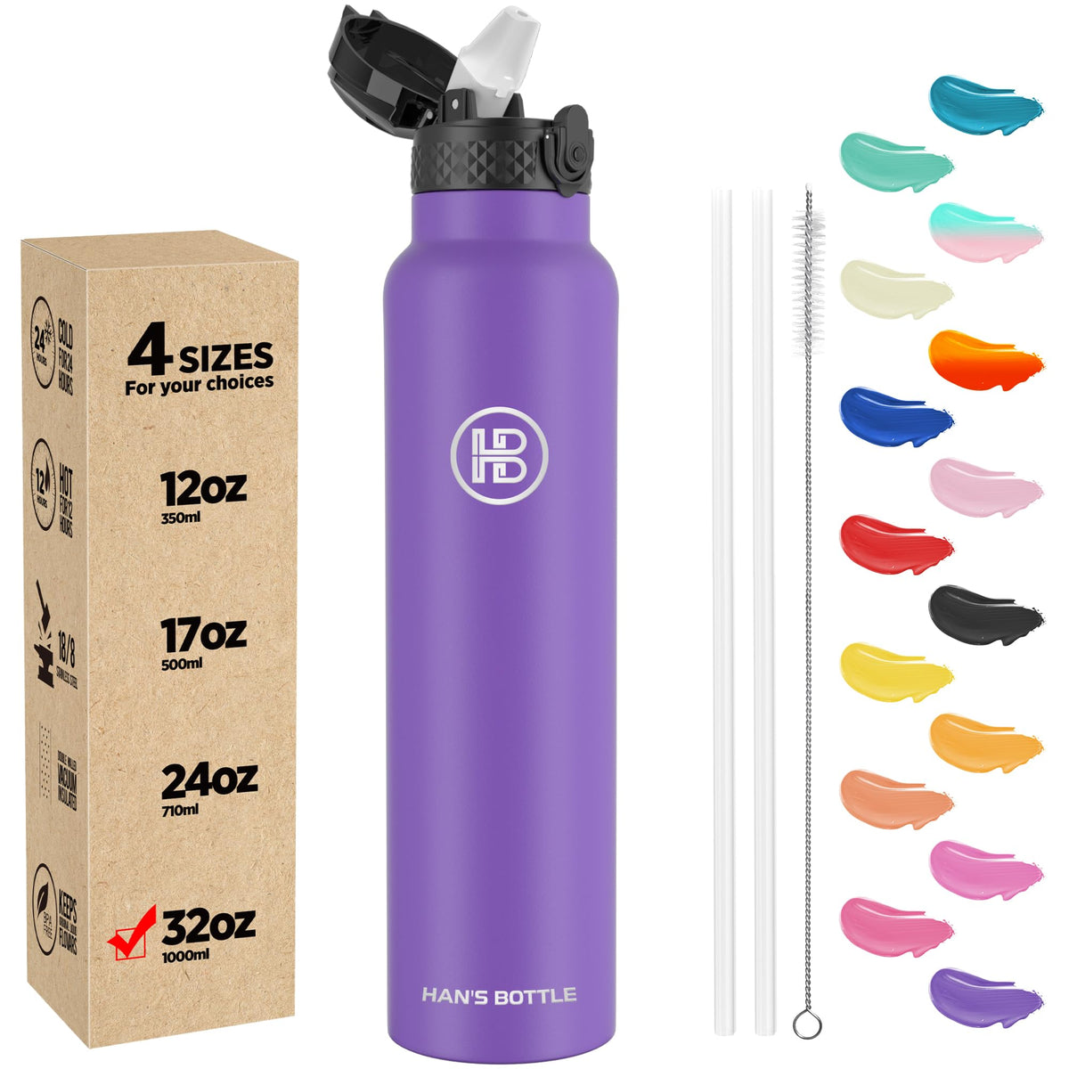Han's Bottle Sports Water Bottle - 24 Oz, Straw Lid, Leak Proof, Vacuum Insulated Stainless Steel, Double Walled, Thermo Mug,Black