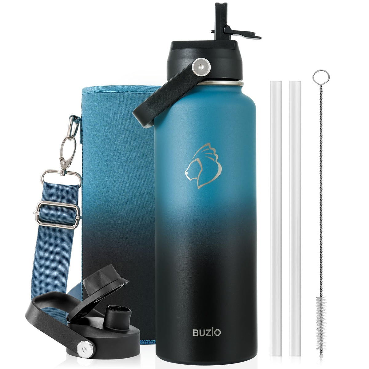 BUZIO 64 oz Insulated Stainless Steel Water Bottle with Dust-proof Lids