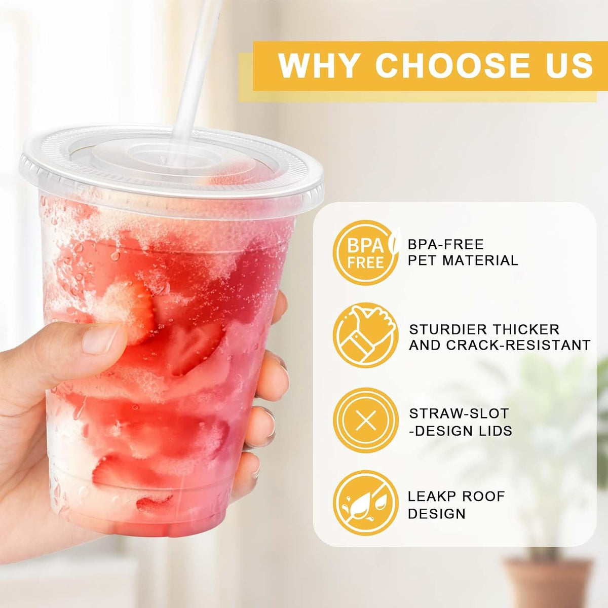 Clawsoff 100 Pack 16 oz Disposable Clear Plastic Cups with Lids and Straws