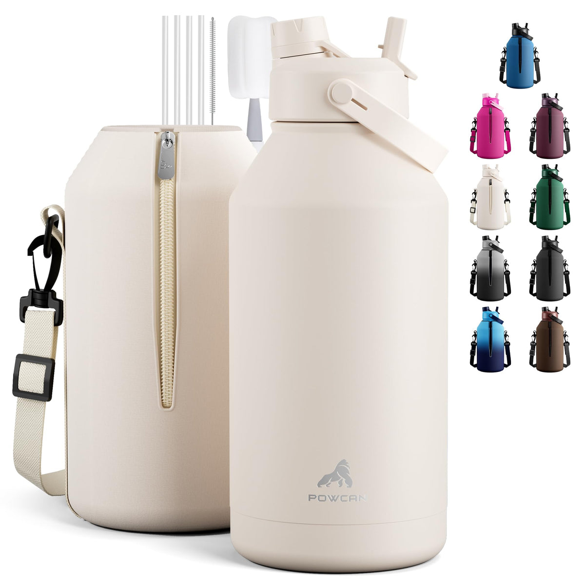 POWCAN 64 oz Insulated Water Bottle for Sports: 2-in-1 Straw & Spout Lid, Leakproof, Carrier Bag, Shoulder Strap, Keep Cold 48H, BPA-Free, Half Gallon Metal Water Jug for Gym, Travel, Gift (Midnight)