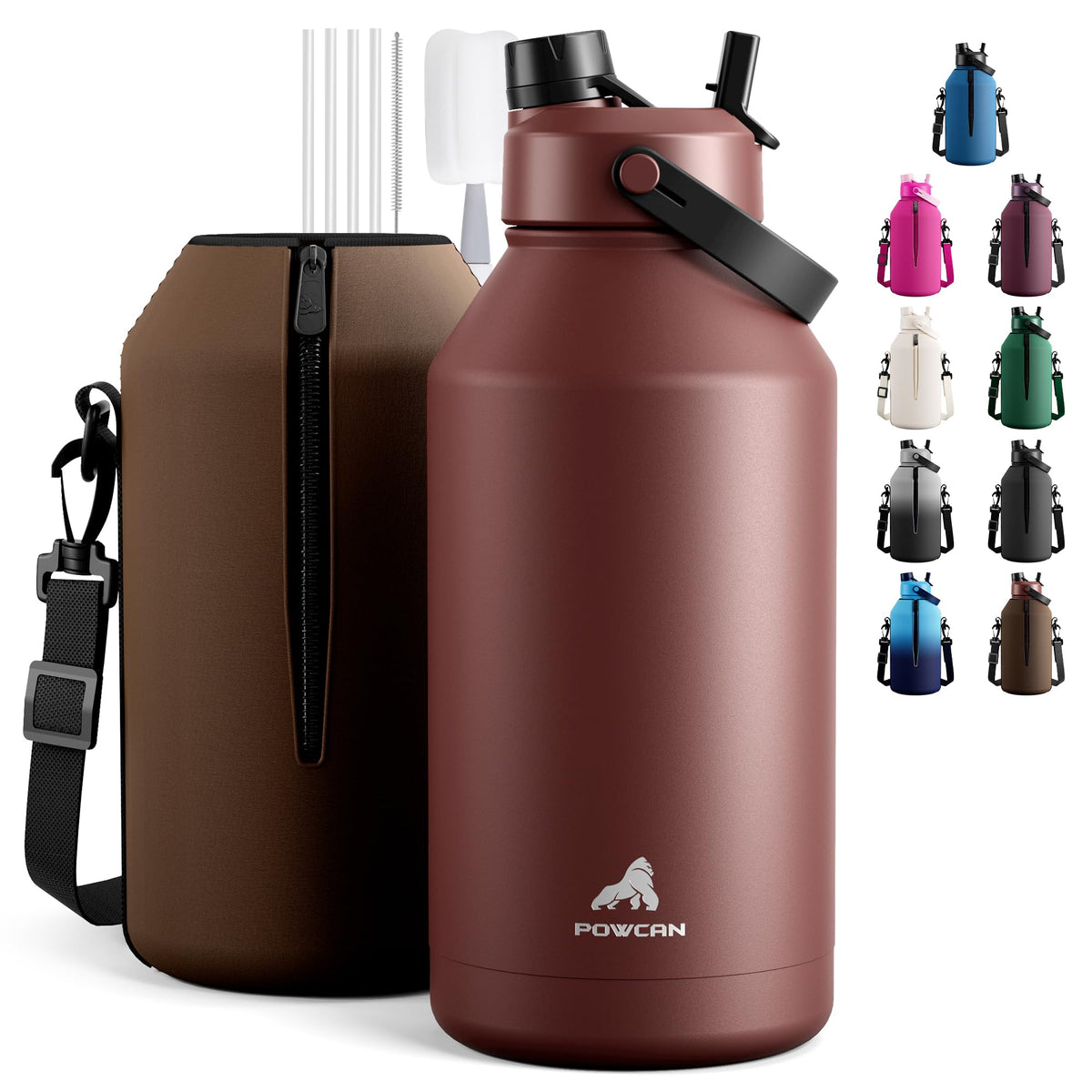 POWCAN 64 oz Insulated Water Bottle for Sports: 2-in-1 Straw & Spout Lid, Leakproof, Carrier Bag, Shoulder Strap, Keep Cold 48H, BPA-Free, Half Gallon Metal Water Jug for Gym, Travel, Gift (Midnight)