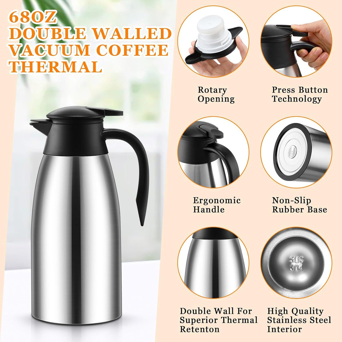 Norme 2 Pcs Thermal Coffee Carafe Creamer, Silver, 68 oz