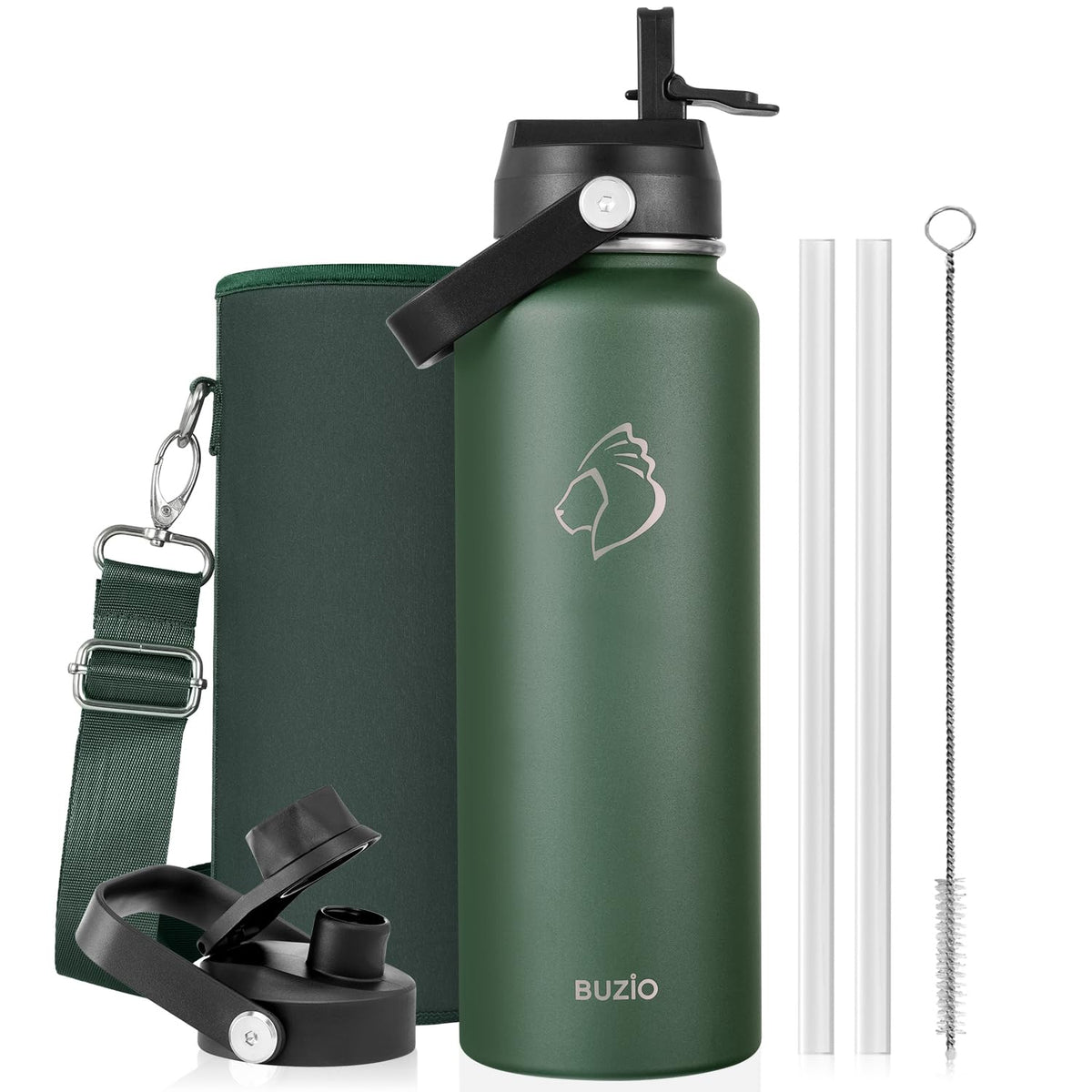 BUZIO 64 oz Insulated Stainless Steel Water Bottle with Dust-proof Lids