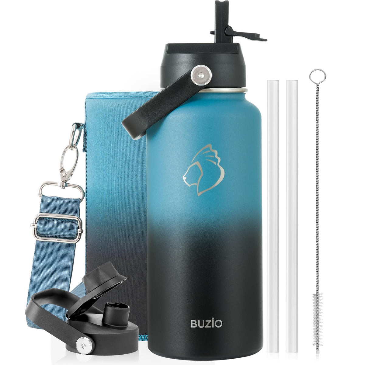 BUZIO 64 oz Insulated Stainless Steel Water Bottle with Dust-proof Lids