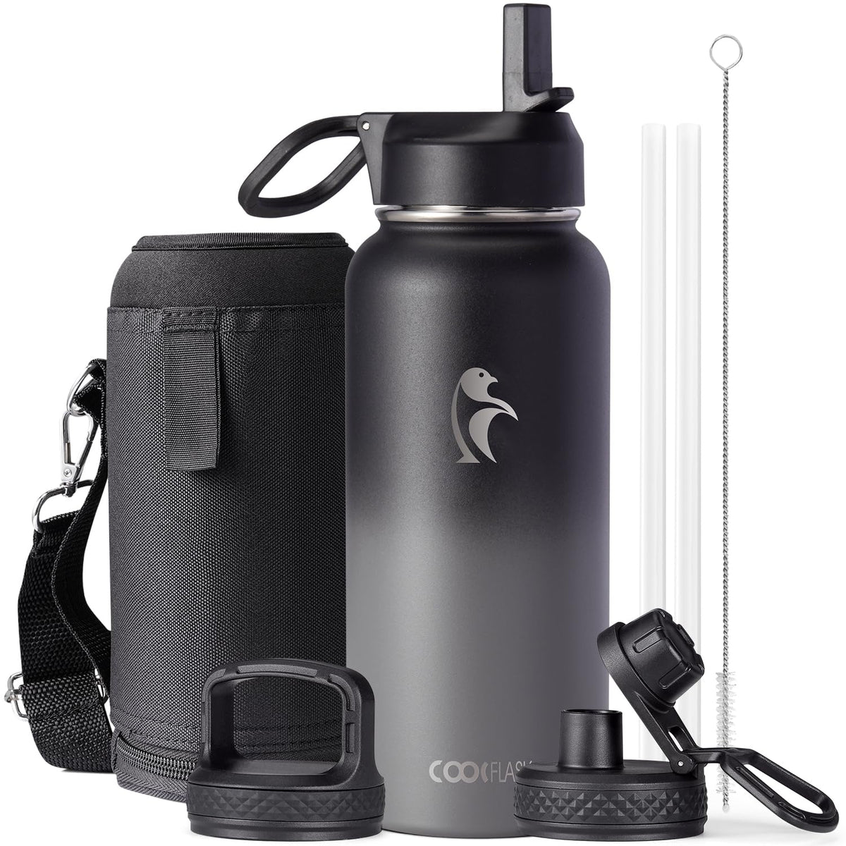 Coolflask 40 oz Water Bottle Insulated with Straw & 3 Leakproof Lids