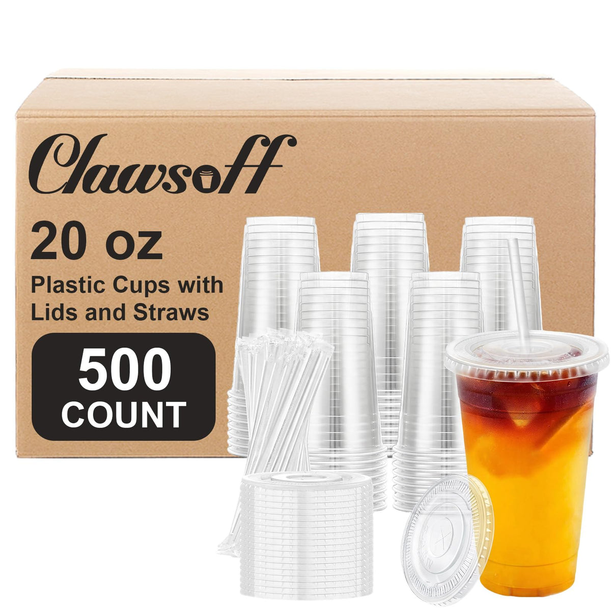 Clawsoff 100 Pack 20 oz Disposable Clear Plastic Cups with Lids and Straws