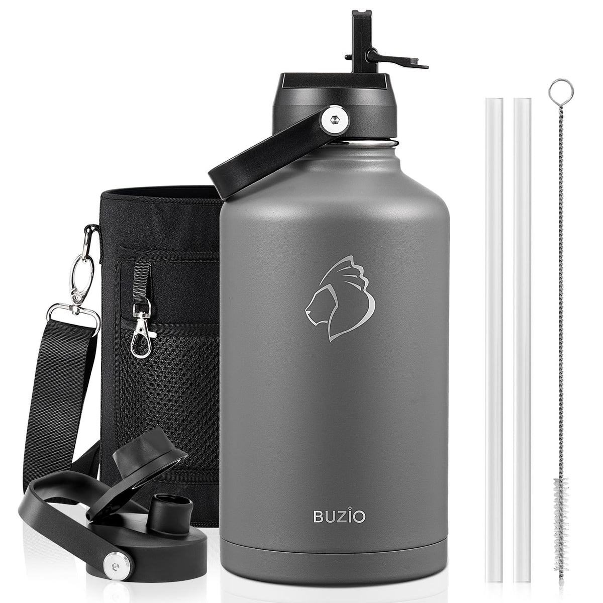 BUZIO 64 oz Insulated Stainless Steel Water Bottle with Dust-proof Lids