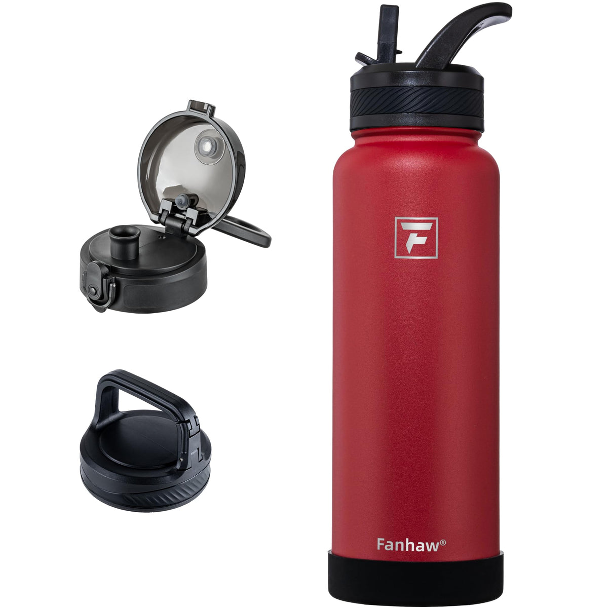 Fanhaw 32 oz Insulated Water Bottle – Portable Stainless Steel Flask with 3 Lids (Straw, Chug, Carabiner) | Leakproof, for Gym, Hiking, Work, Travel & Everyday Use (Black)