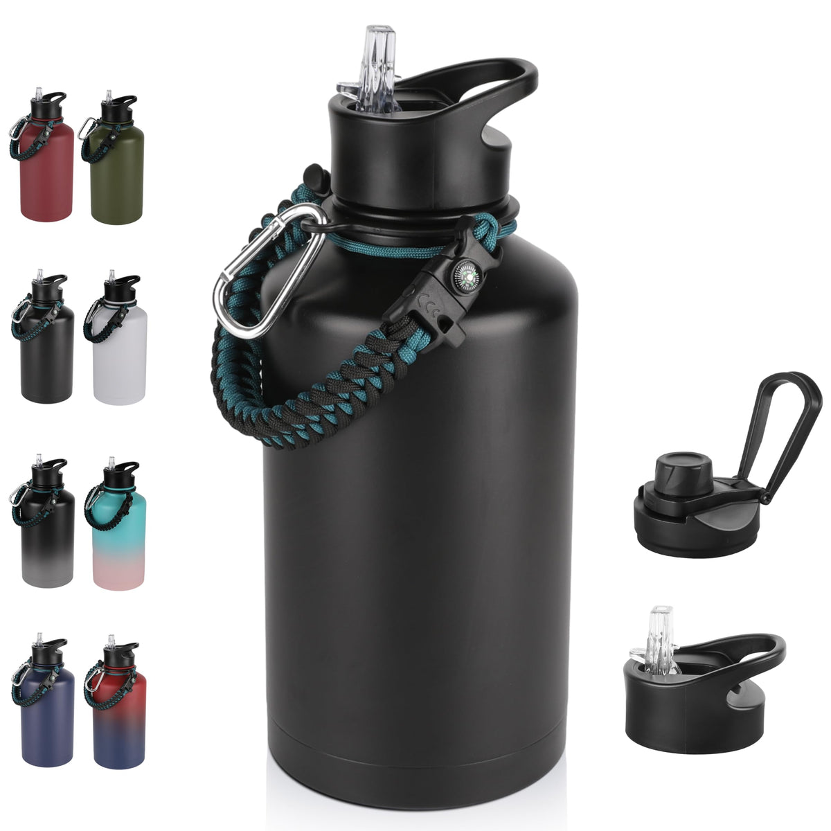 40 oz Insulated Water Bottle with Straw, Stainless Steel Sports Water Bottles with 2 Lids (Straw and Wide Mouth lid), Double Wall Vacuum, Leakproof, BPA-Free, Black