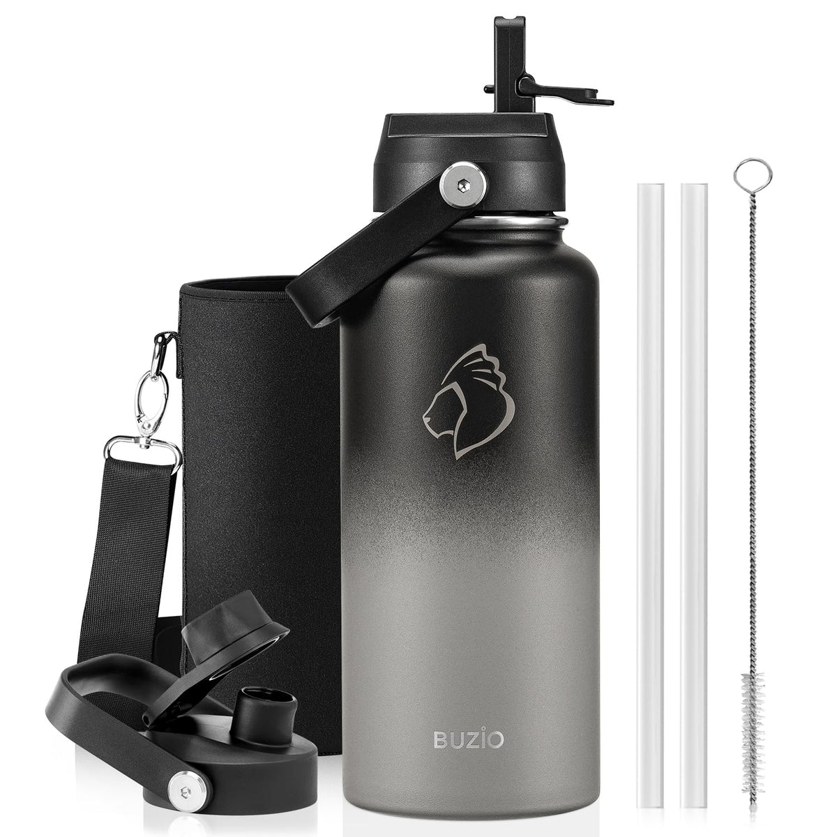 BUZIO 64 oz Insulated Stainless Steel Water Bottle with Dust-proof Lids