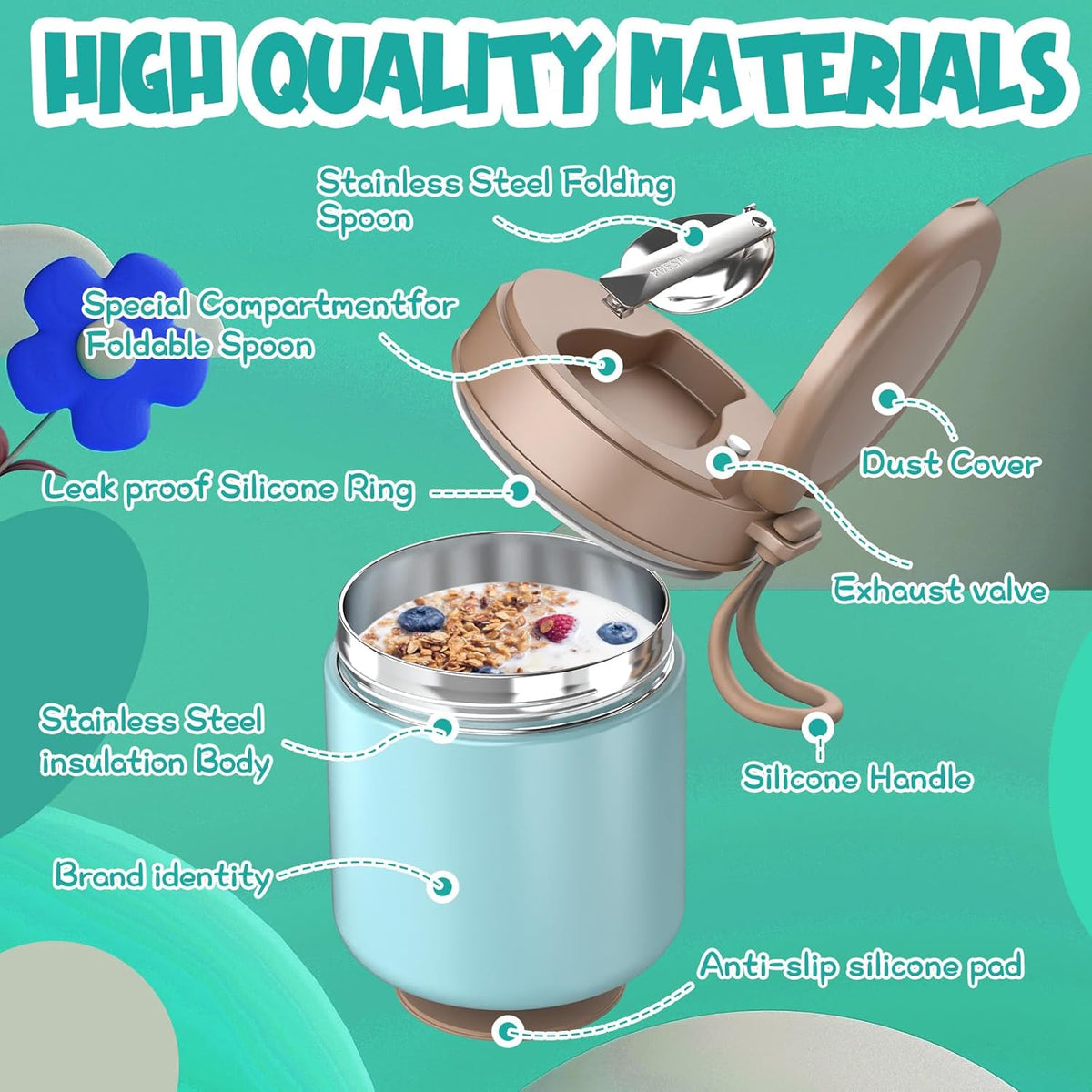 Thermo for Hot Food Kids - 15.2oz with Folding Spoon and Silicone handle