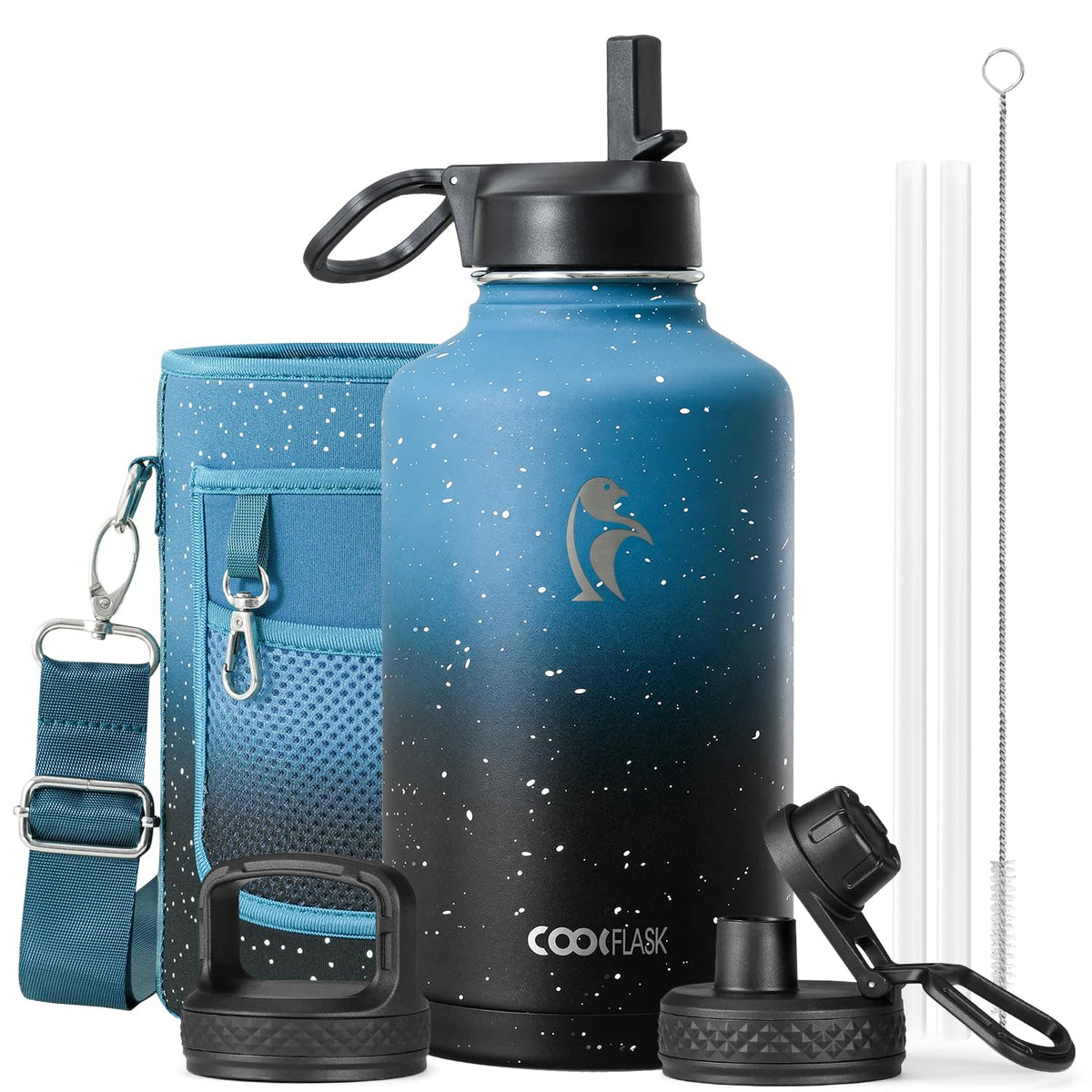 Coolflask 40 oz Water Bottle Insulated with Straw & 3 Leakproof Lids