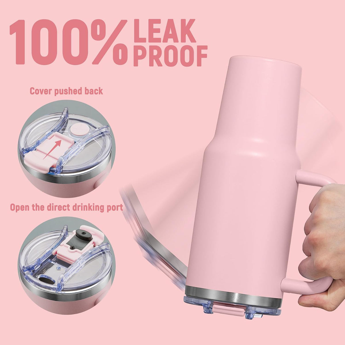 40 oz Tumbler with Handle and Straw Lid,Insulated Reusable Stainless Steel Water Bottle Travel Mug，Cupholder Friendly Double Wall Vacuum Sealed Cup (Pink)