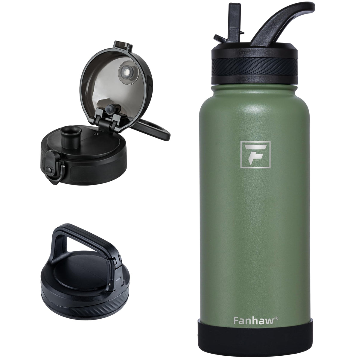 Fanhaw 32 oz Insulated Water Bottle – Portable Stainless Steel Flask with 3 Lids (Straw, Chug, Carabiner) | Leakproof, for Gym, Hiking, Work, Travel & Everyday Use (Black)