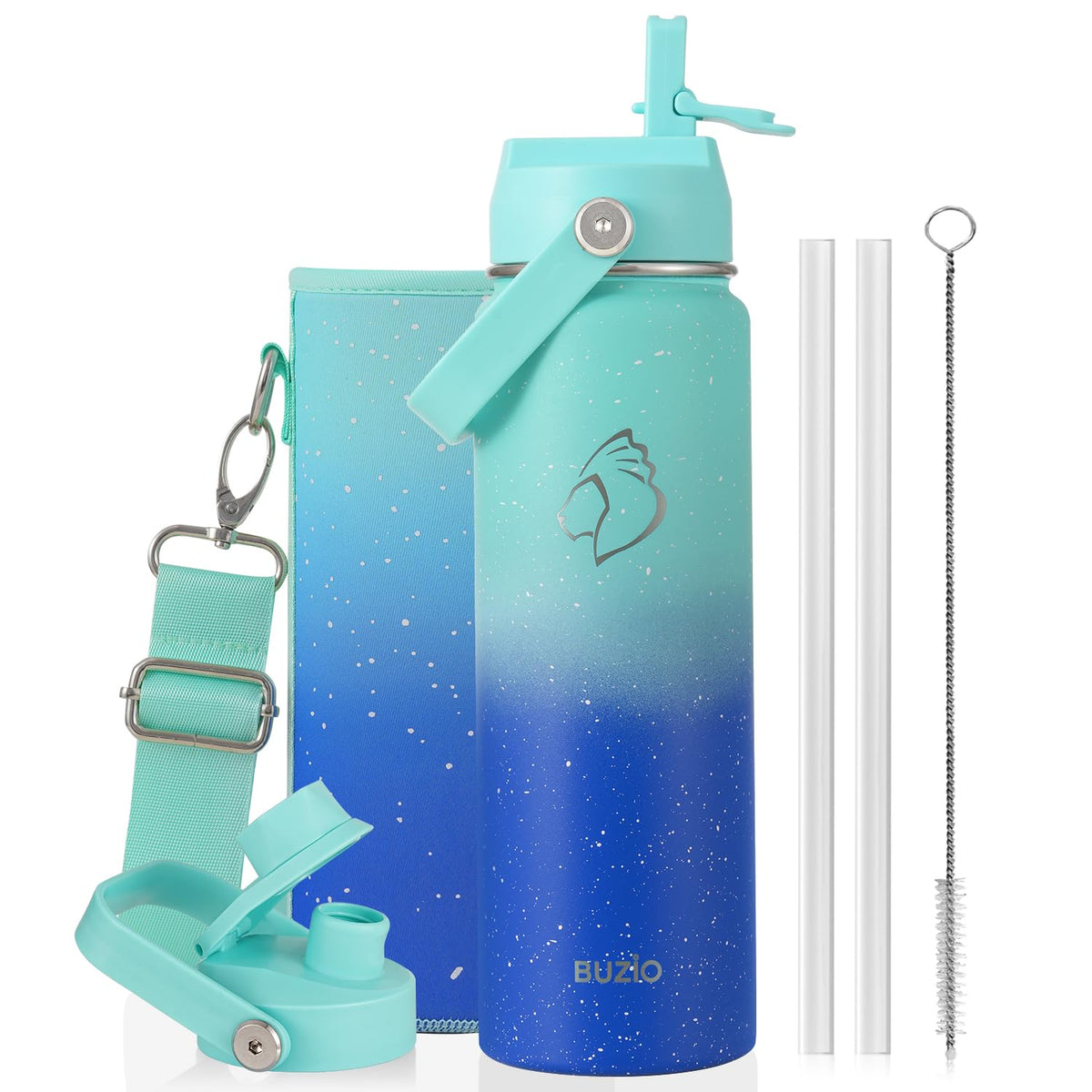 BUZIO 64 oz Insulated Stainless Steel Water Bottle with Dust-proof Lids