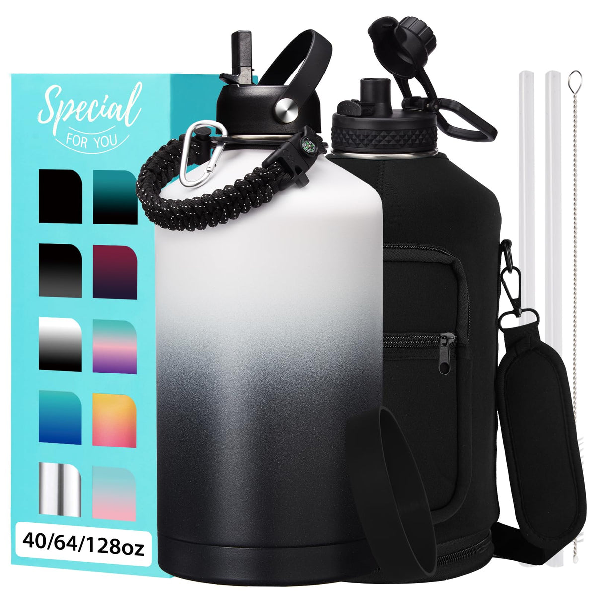 32/40/64OZ Insulated Water Bottle - Keep Cold 48H Hot 24H, Combo Straw/Spout Lids, Paracord Handle for Gym/Hiking, Carrier Bag +Strap, Cup Mat, BPA-Free Stainless Steel Flask Jug