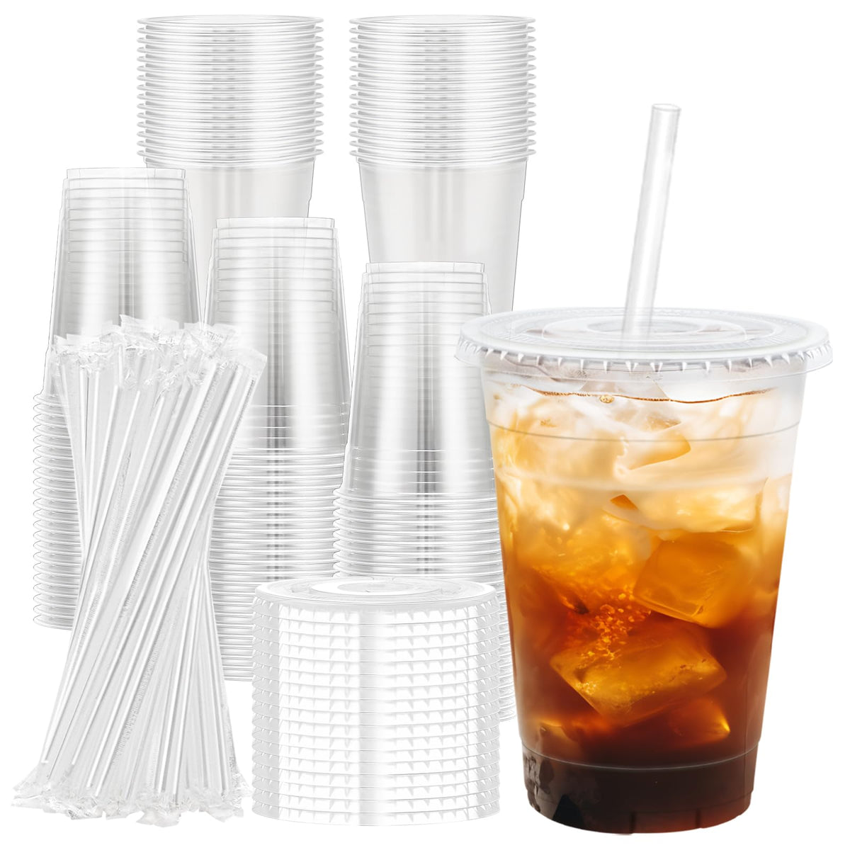 Lamosi 100 Pack 20 oz Plastic Coffee Cups with Lids, Disposable Clear Cups