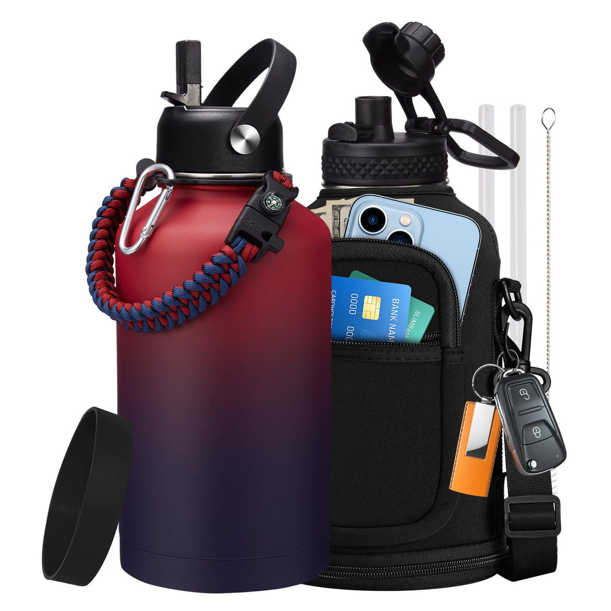 32/40/64OZ Insulated Water Bottle - Keep Cold 48H Hot 24H, Combo Straw/Spout Lids, Paracord Handle for Gym/Hiking, Carrier Bag +Strap, Cup Mat, BPA-Free Stainless Steel Flask Jug