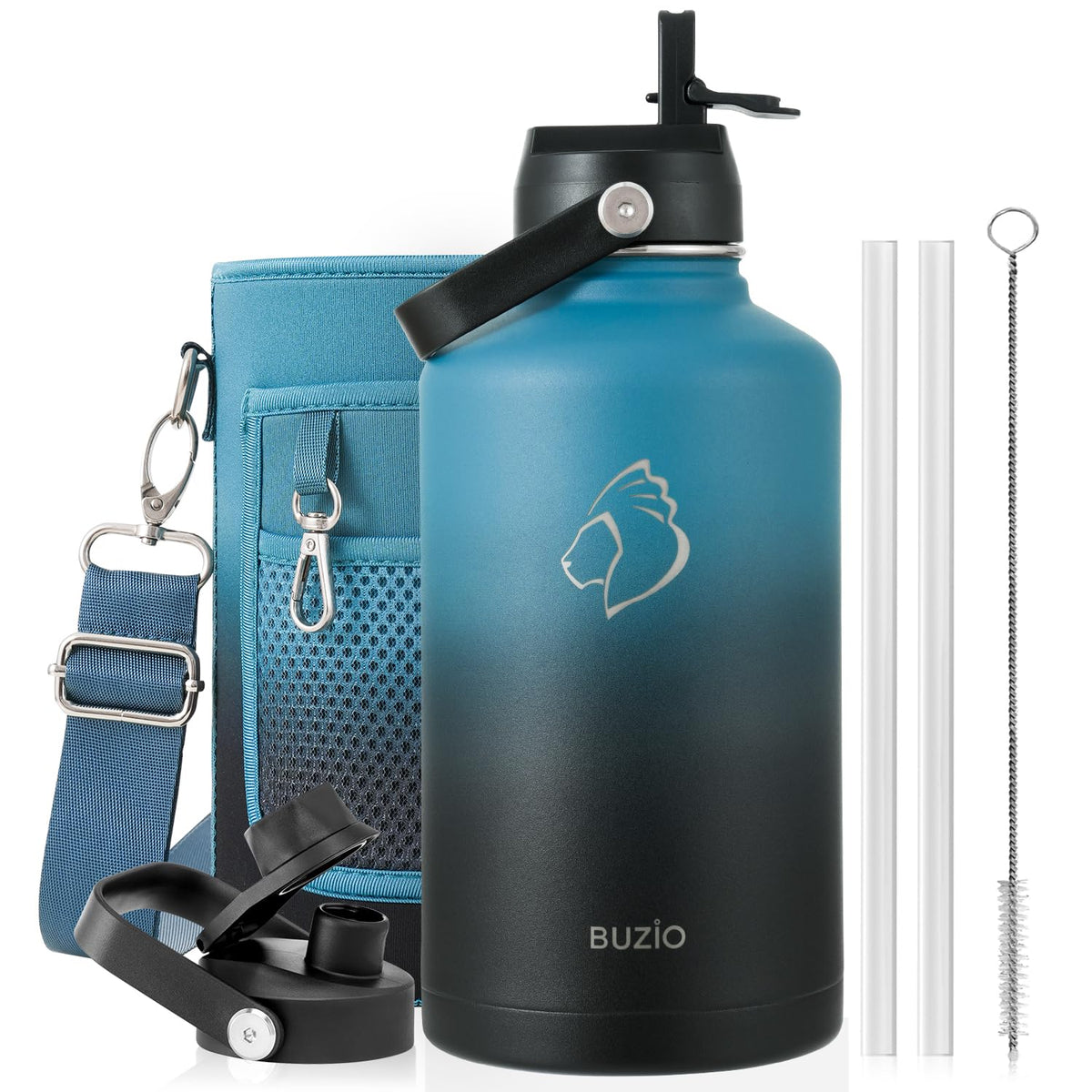 BUZIO 64 oz Insulated Stainless Steel Water Bottle with Dust-proof Lids
