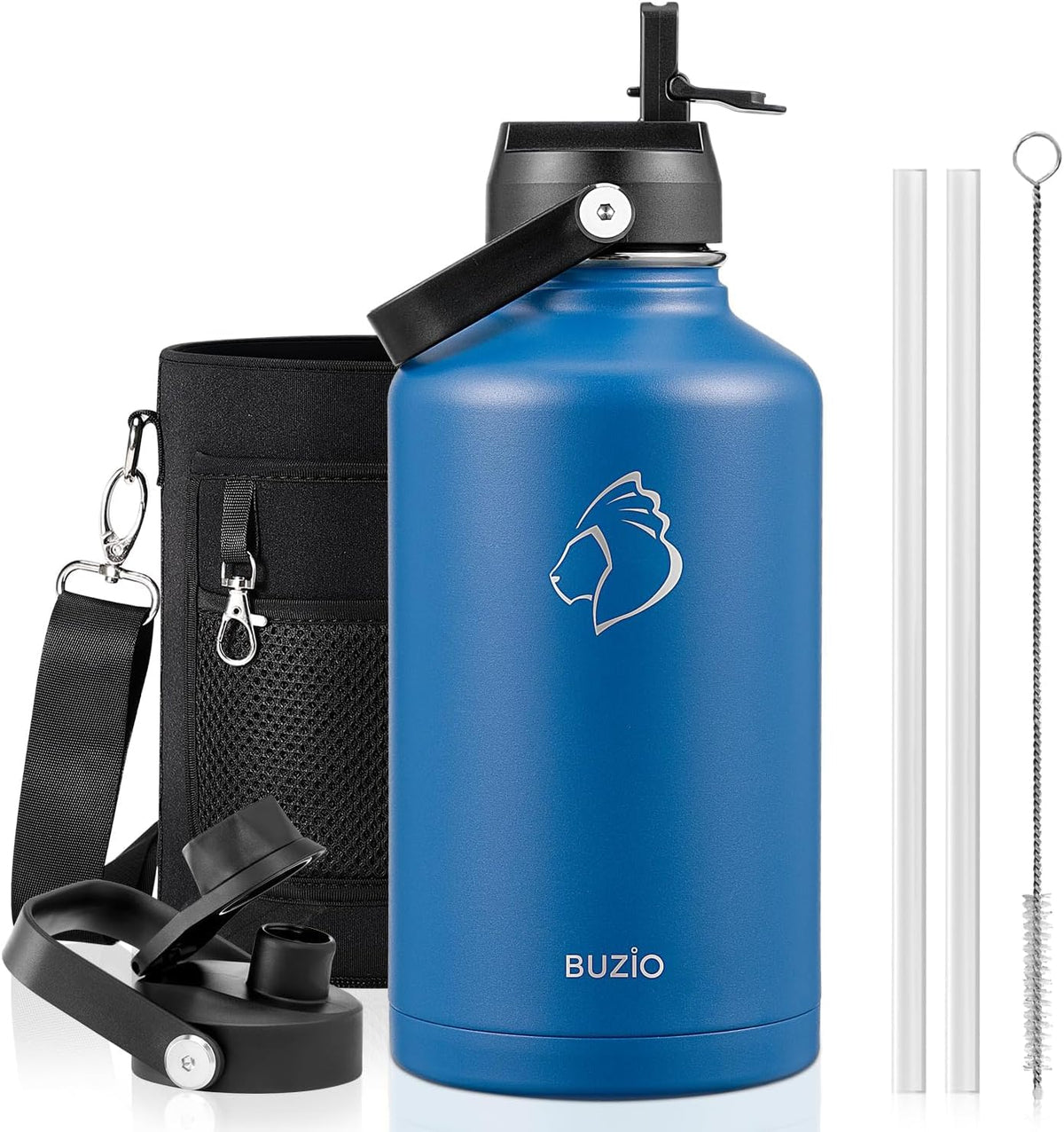 BUZIO 64 oz Insulated Stainless Steel Water Bottle with Dust-proof Lids