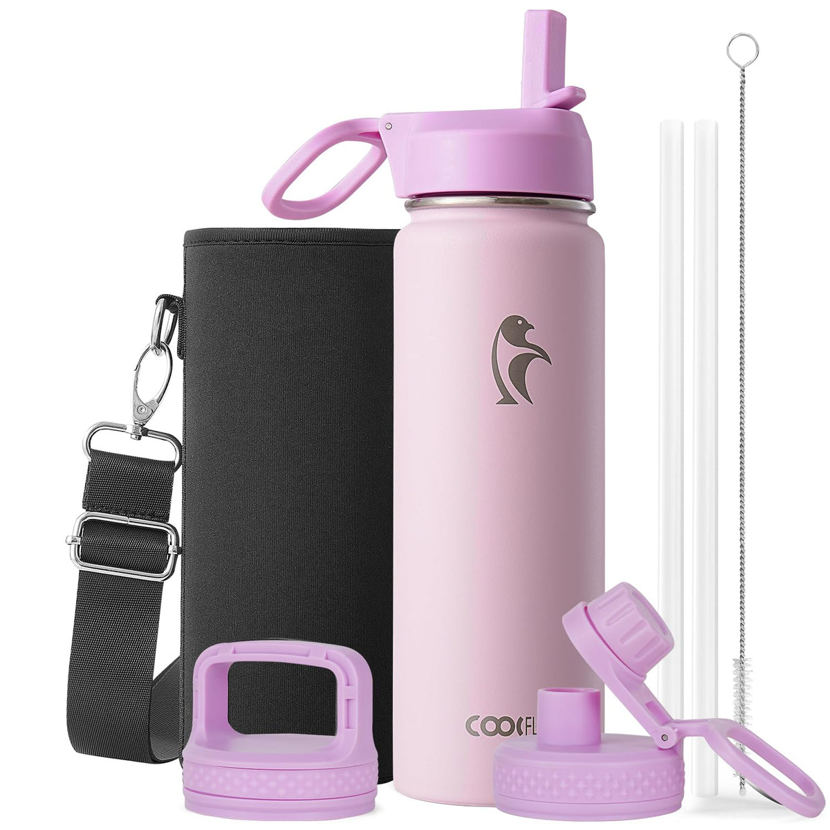 Coolflask Half Gallon Water Bottle Insulated with Straw & 3 Leakproof Lids