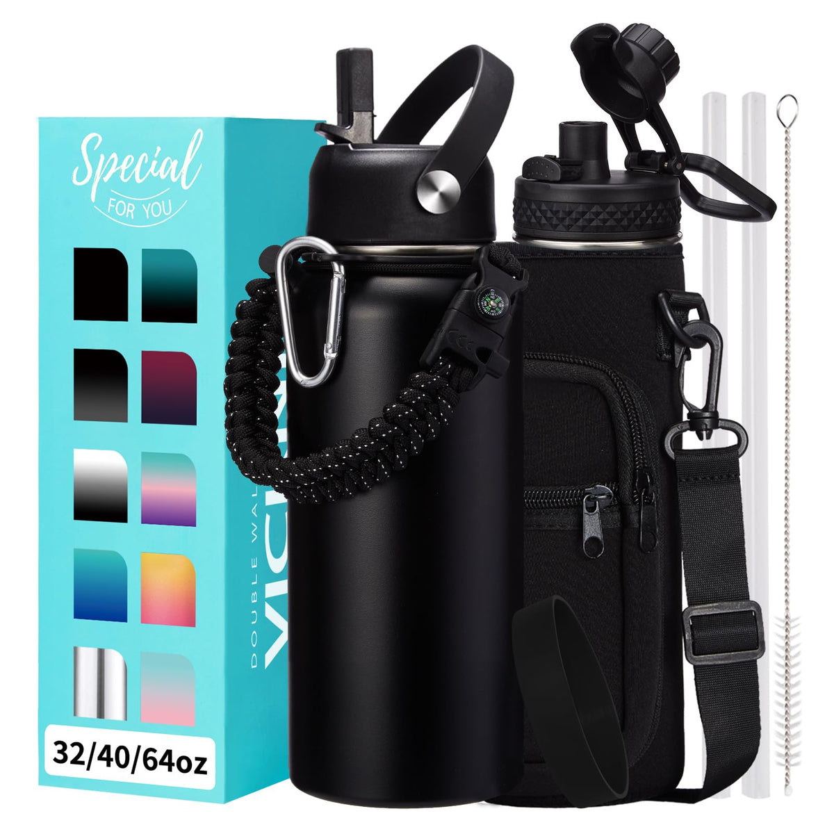32/40/64OZ Insulated Water Bottle - Keep Cold 48H Hot 24H, Combo Straw/Spout Lids, Paracord Handle for Gym/Hiking, Carrier Bag +Strap, Cup Mat, BPA-Free Stainless Steel Flask Jug