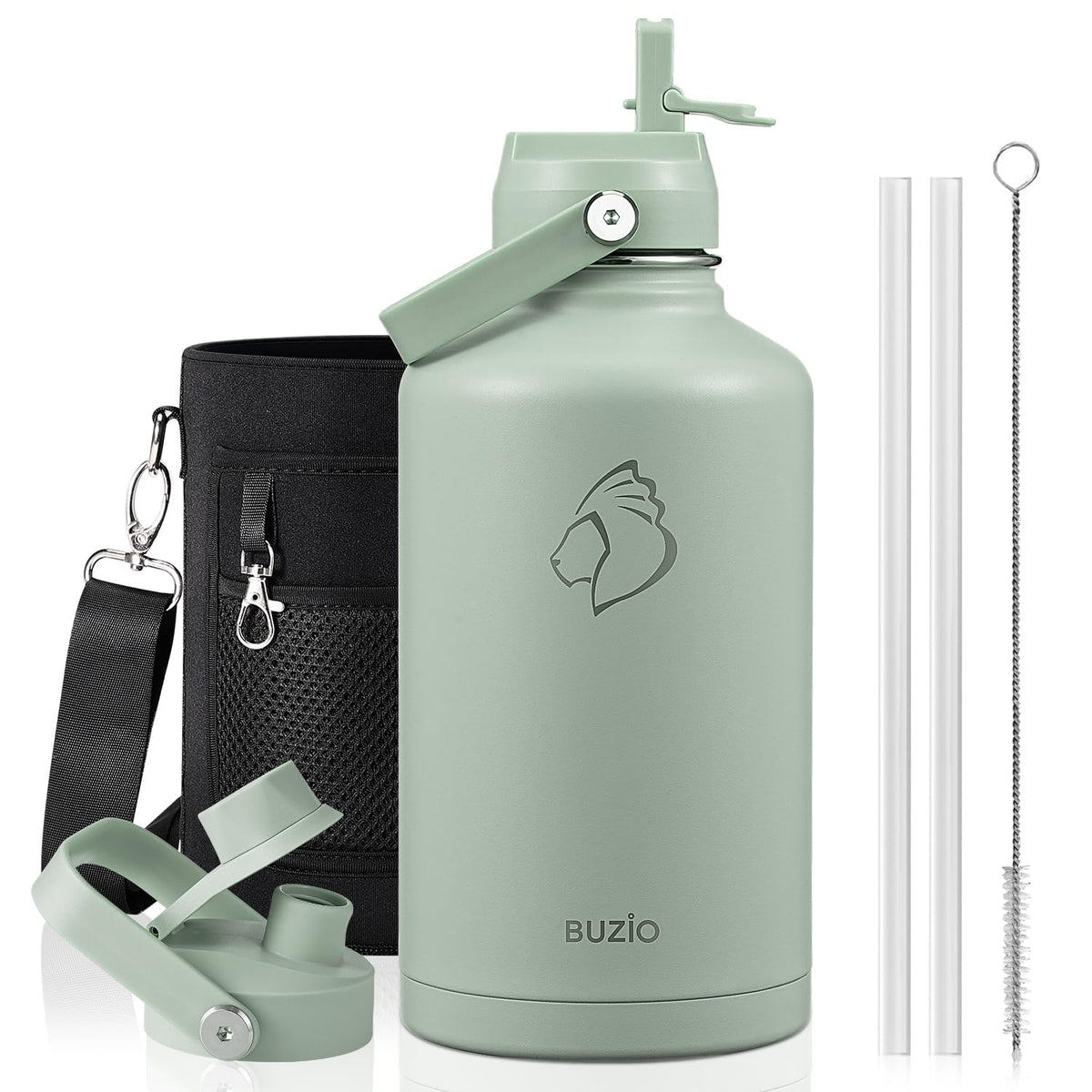 BUZIO 64 oz Insulated Stainless Steel Water Bottle with Dust-proof Lids