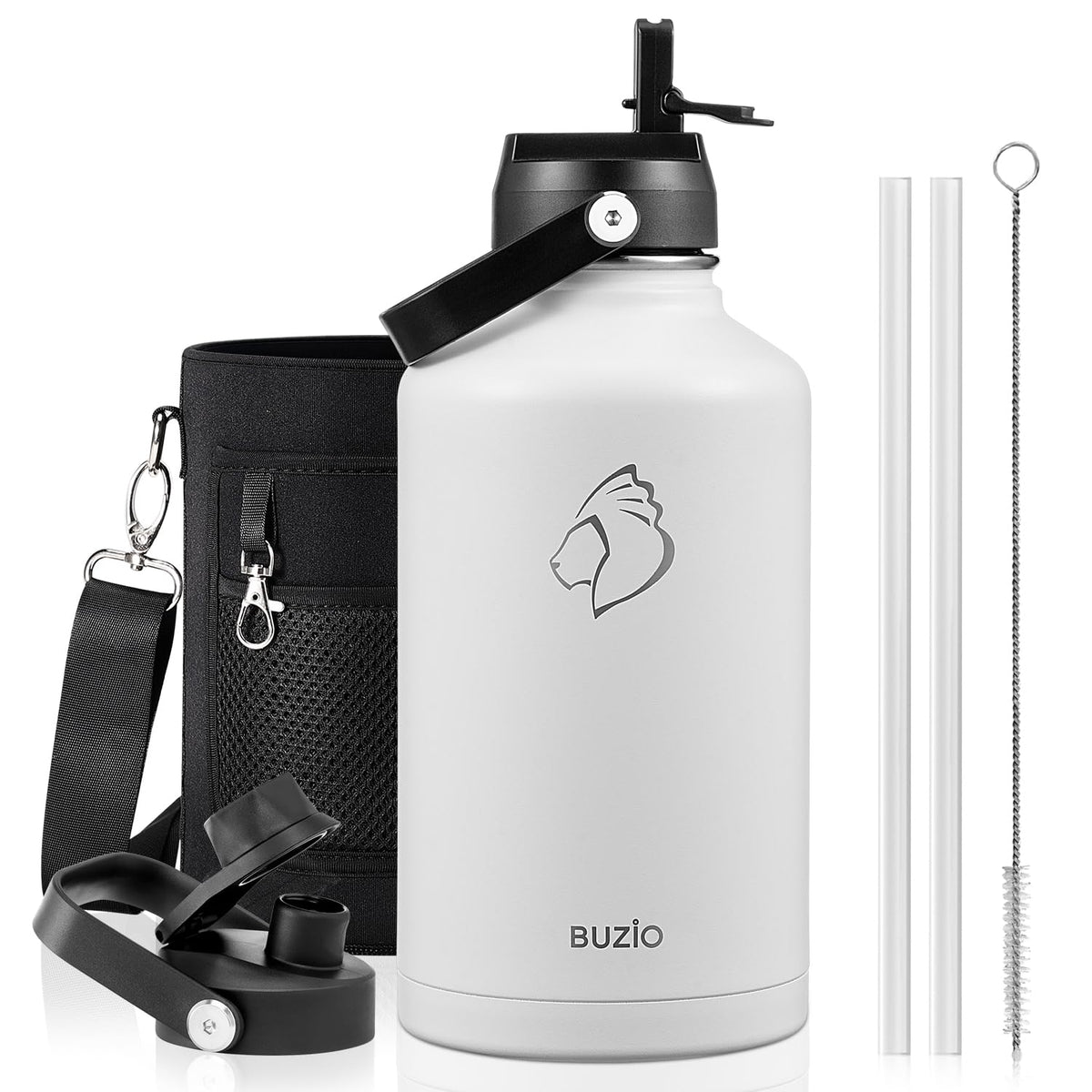 BUZIO 64 oz Insulated Stainless Steel Water Bottle with Dust-proof Lids