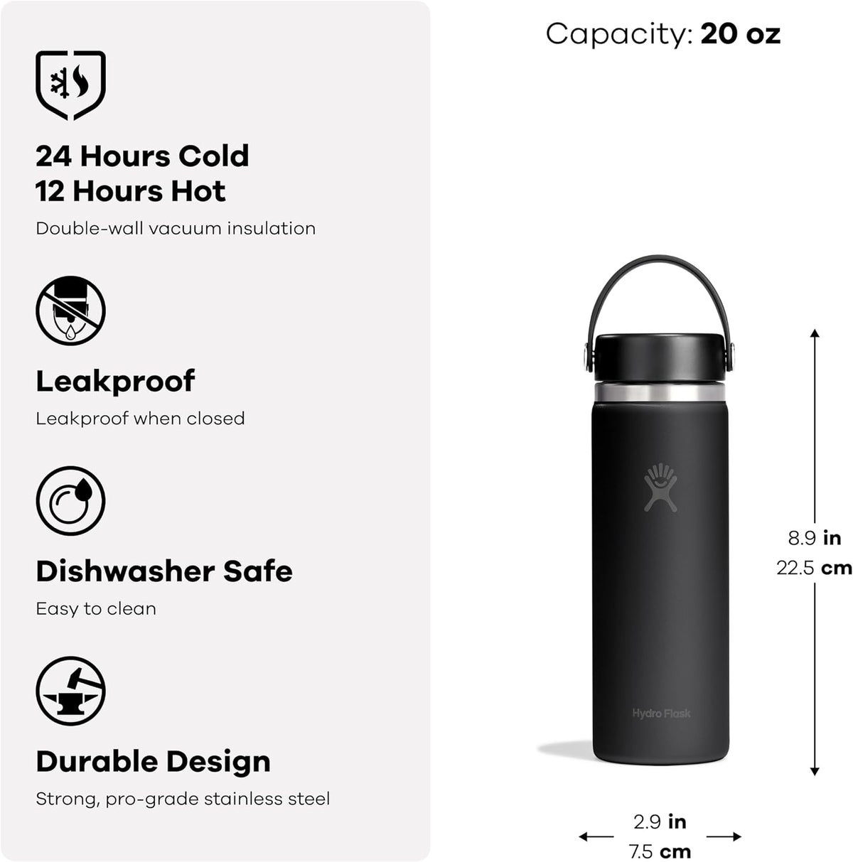 Hydro Flask Water Bottle - Insulated Stainless Steel - Wide Mouth Flex Lid, Non Spill, Leakproof and Refillable in 20 Oz Harbor Blue