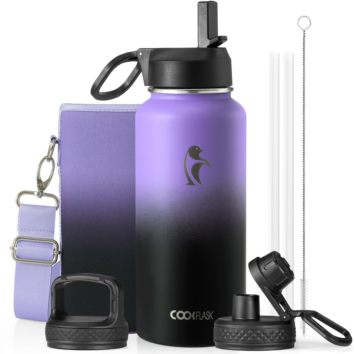 Coolflask Half Gallon Water Bottle Insulated with Straw & 3 Leakproof Lids