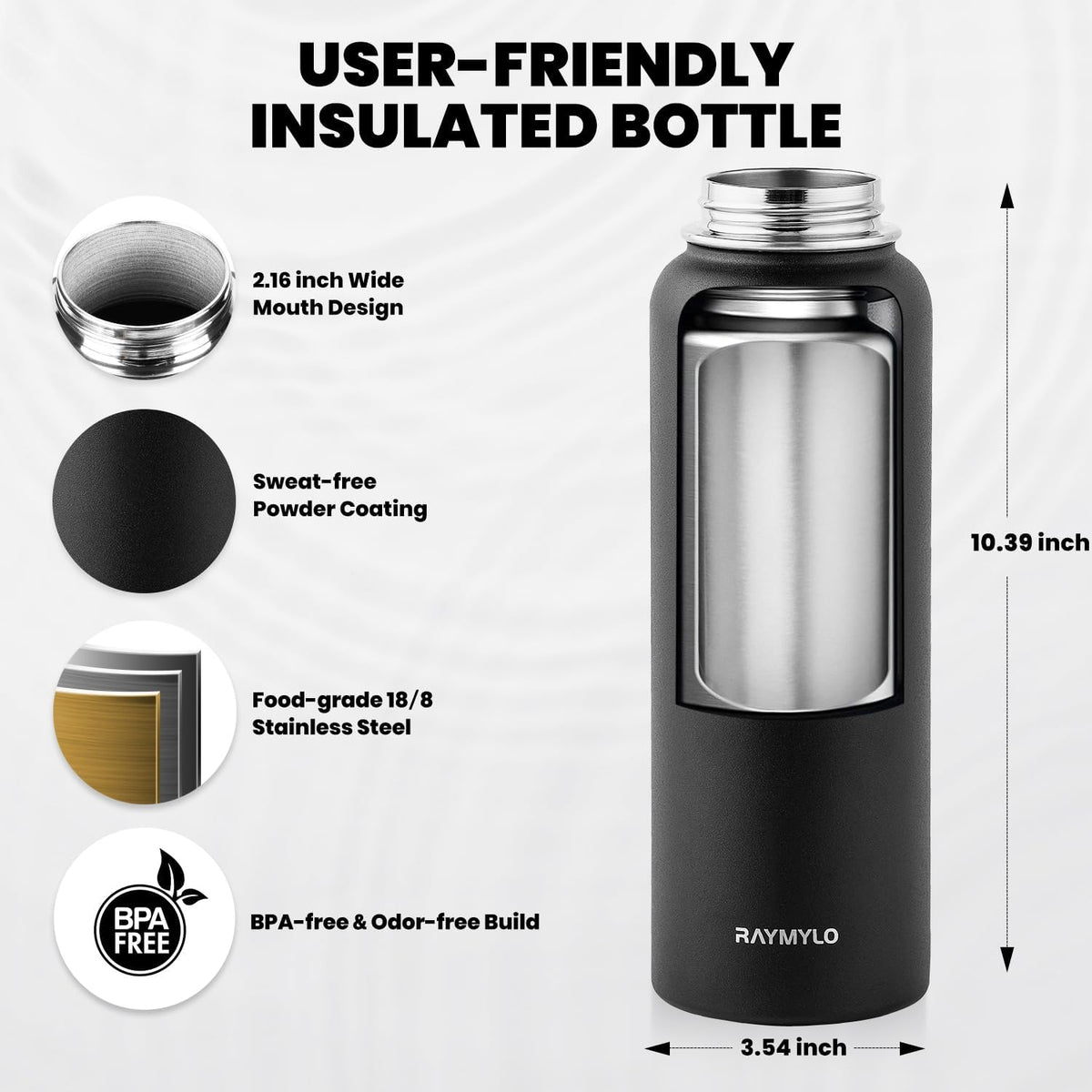 RAYMYLO Insulated Water Bottle 40 oz, Triple Wall Vacuum Stainless Steel