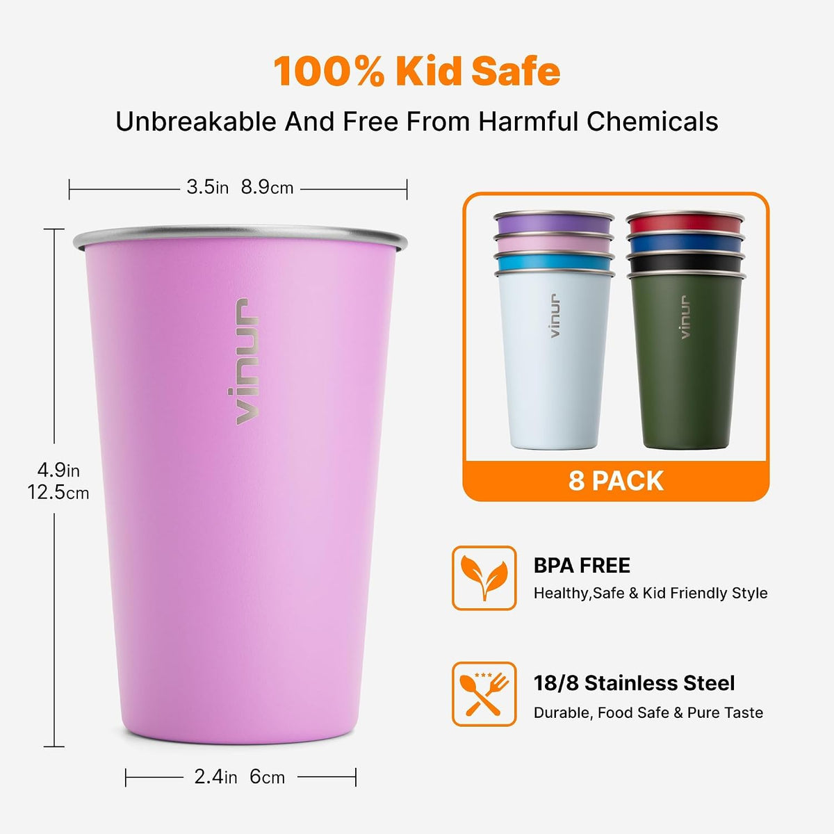 Stainless Steel Cups-16 oz Colorful Stackable Metal Drinking Glasses 8 Pcs