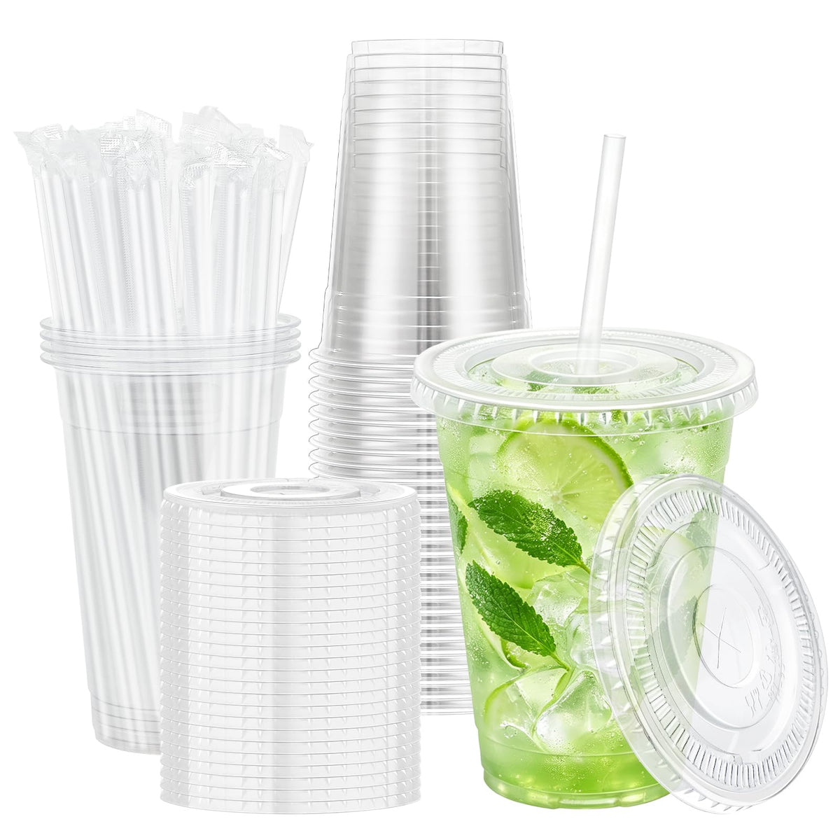 Lamosi 100 Pack 16 oz Clear Plastic Cups with Lids and Straws
