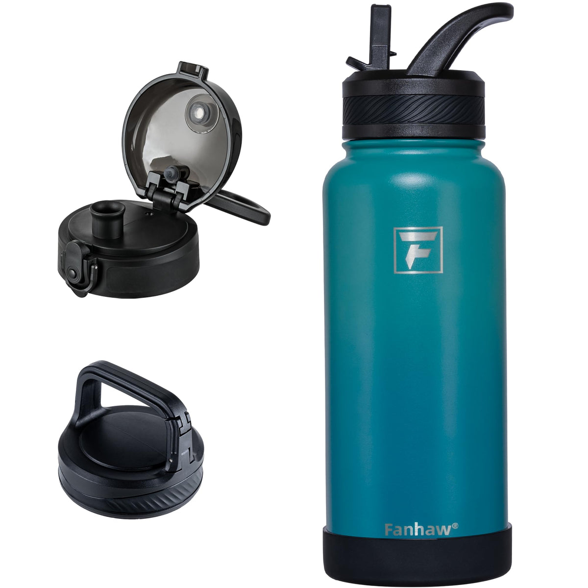 Fanhaw 32 oz Insulated Water Bottle – Portable Stainless Steel Flask with 3 Lids (Straw, Chug, Carabiner) | Leakproof, for Gym, Hiking, Work, Travel & Everyday Use (Black)