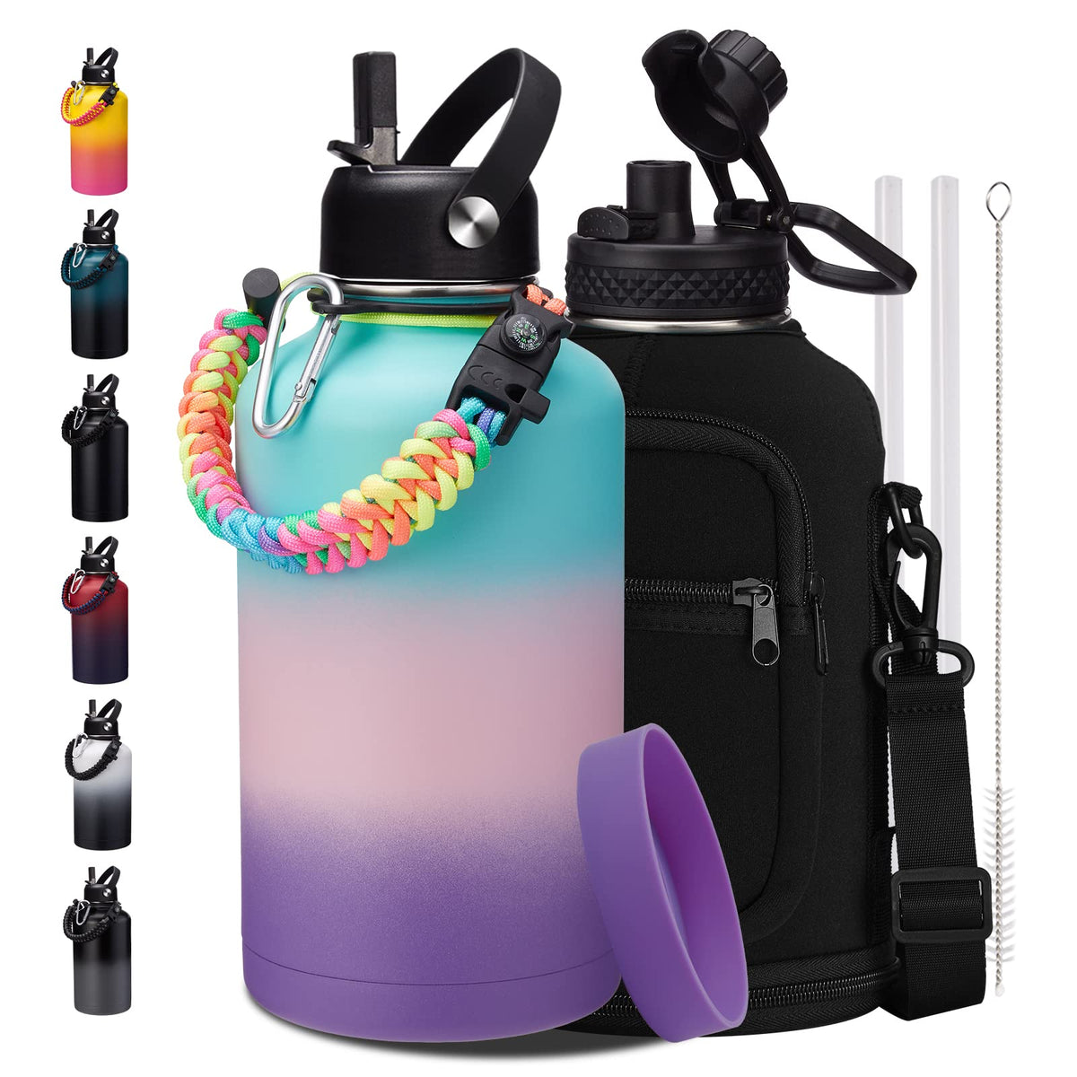 32/40/64OZ Insulated Water Bottle - Keep Cold 48H Hot 24H, Combo Straw/Spout Lids, Paracord Handle for Gym/Hiking, Carrier Bag +Strap, Cup Mat, BPA-Free Stainless Steel Flask Jug