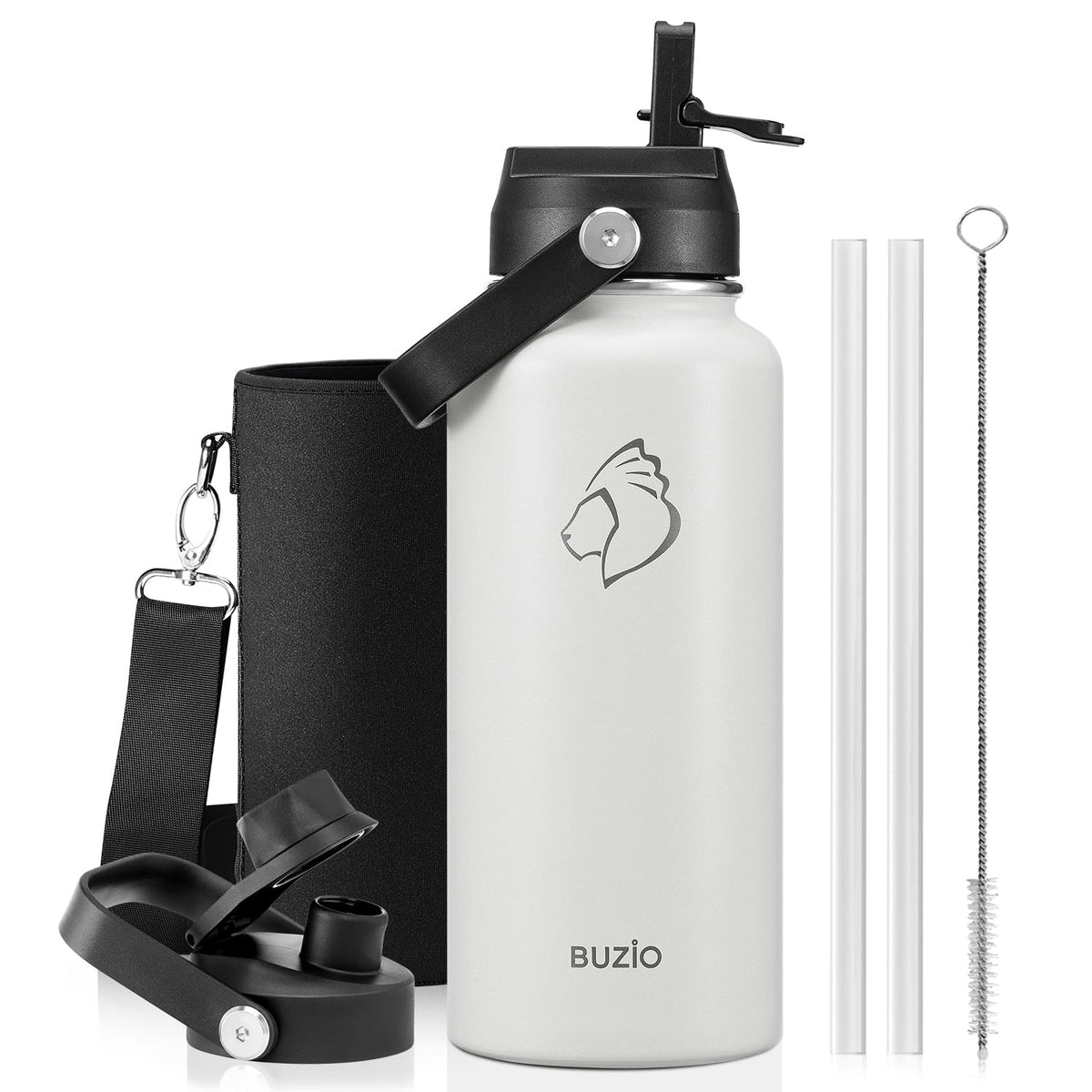 BUZIO 64 oz Insulated Stainless Steel Water Bottle with Dust-proof Lids
