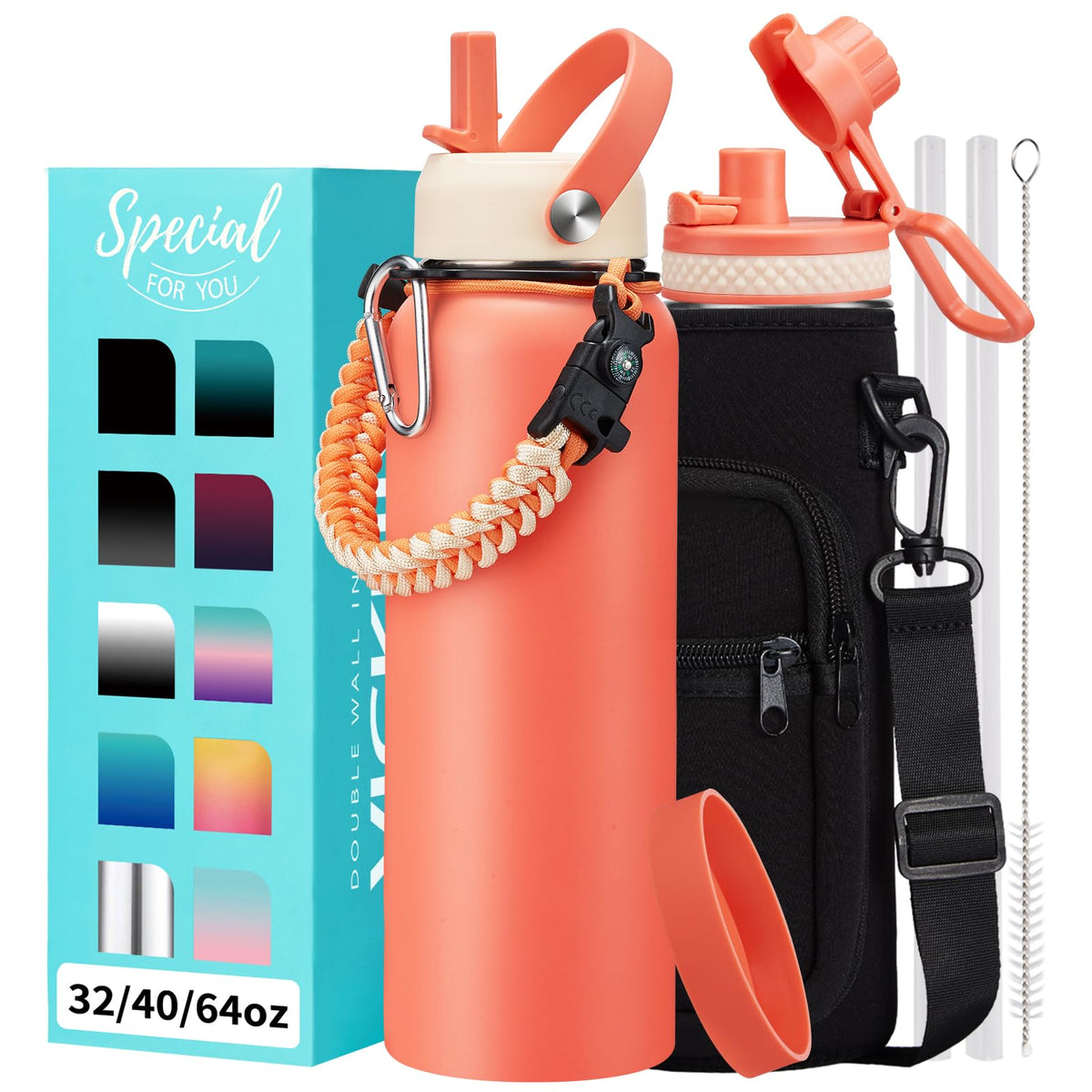 32/40/64OZ Insulated Water Bottle - Keep Cold 48H Hot 24H, Combo Straw/Spout Lids, Paracord Handle for Gym/Hiking, Carrier Bag +Strap, Cup Mat, BPA-Free Stainless Steel Flask Jug