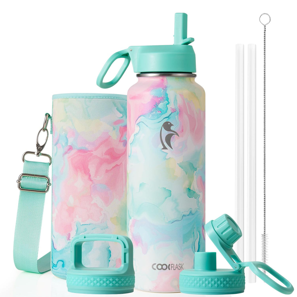 Coolflask Half Gallon Water Bottle Insulated with Straw & 3 Leakproof Lids
