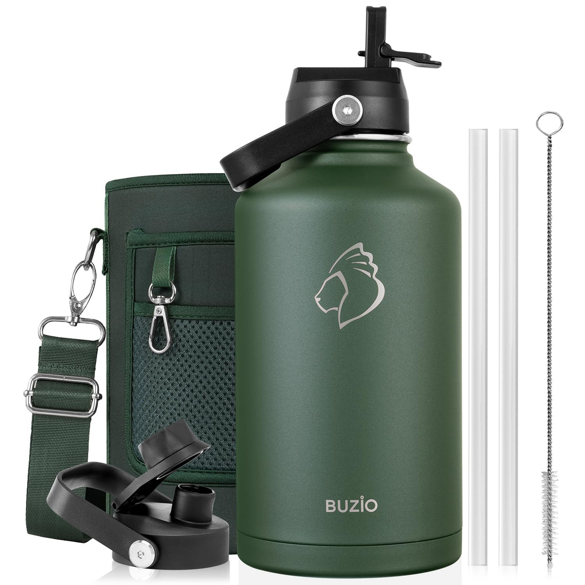 BUZIO 64 oz Insulated Stainless Steel Water Bottle with Dust-proof Lids